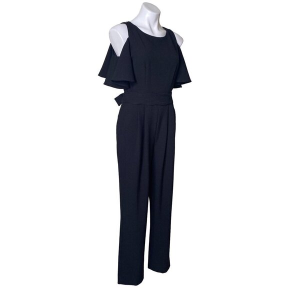 Eliza J Black Cold Shoulder Jumpsuit, Short Flutter Sleeves Women's Size 8 - Picture 3 of 9